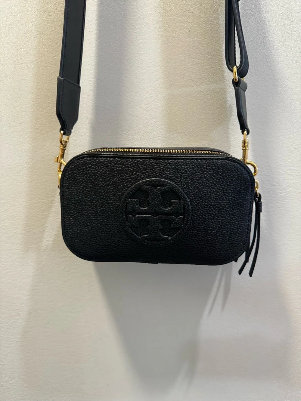 Tory Burch Black Pebbled Leather Crossbody Camera Bag with Gold Hardware